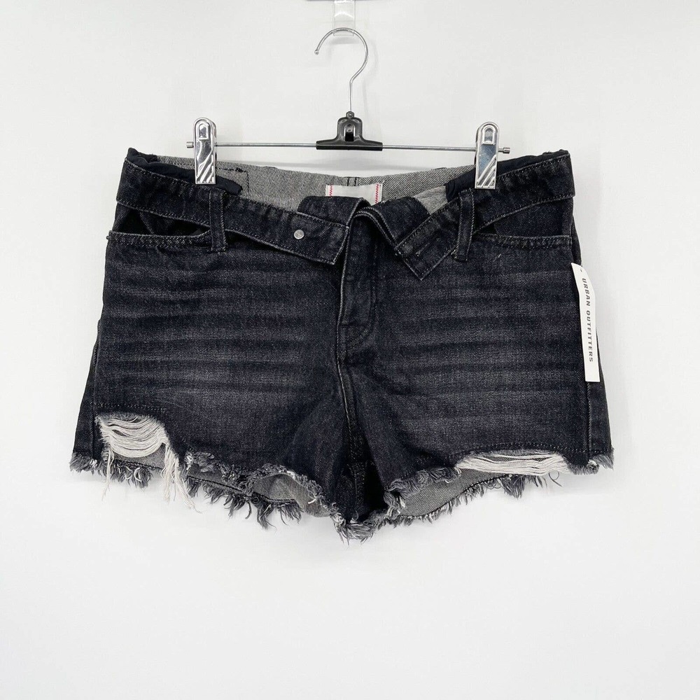 Urband Outftters BDG Foldover Denim Short Size 27 Black V-Front Distressed NWT
